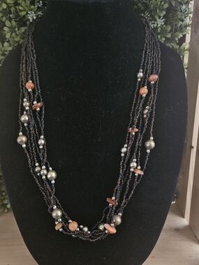 Long Vintage Brown And Orange Beaded Multi Strand Necklace
